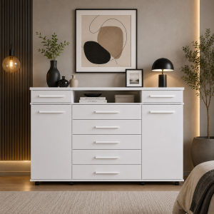 COMODA LONDON 7 CAJONES 2 PUERTAS Y ESPACIO BLANCO