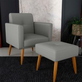 POLTRONA + PUFF PATAS DE MADERA TAPIZADO TELA GRIS